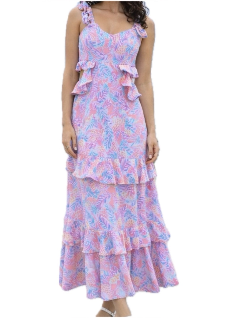 Simply Southern Pineapple Ruffled Cutout Maxi Dress in Coral